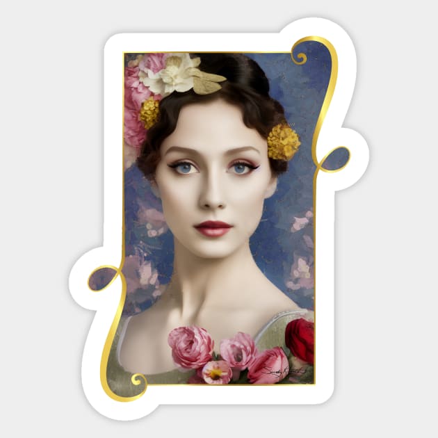 Elegant Vintage Style Woman with Flowers in Hair Art Sticker by Sandy Richter Art & Designs